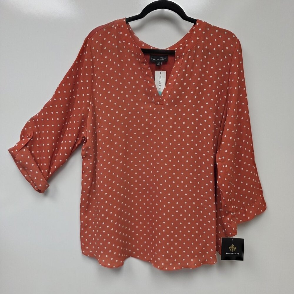 Fortune + Ivy Blouse Womens XXL Burnt Orange Polka Dot V Neck 3/4 Sleeve Tulsa